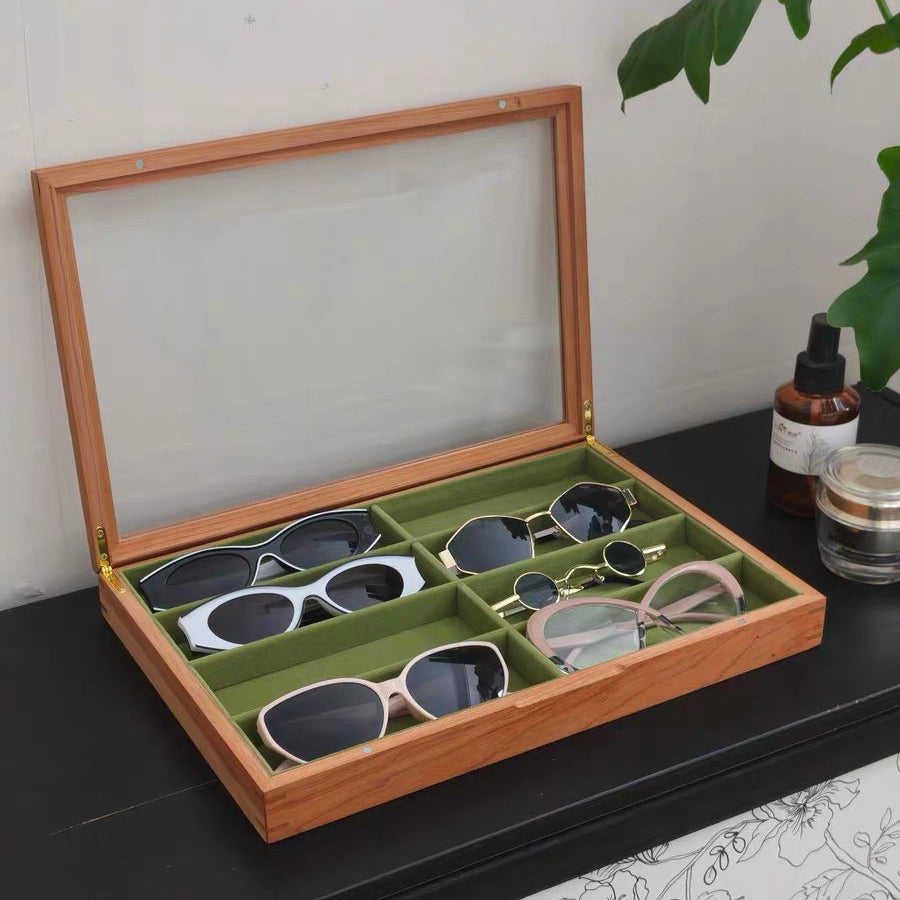 Luxuriöser Brillen-Organizer aus Massivholz mit Glasdeckel