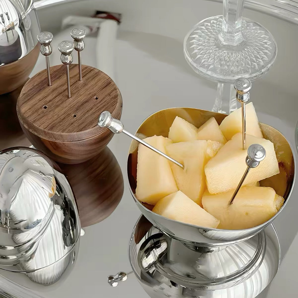 Eggy Walnut&Stainless Steel Fruit Pick Set