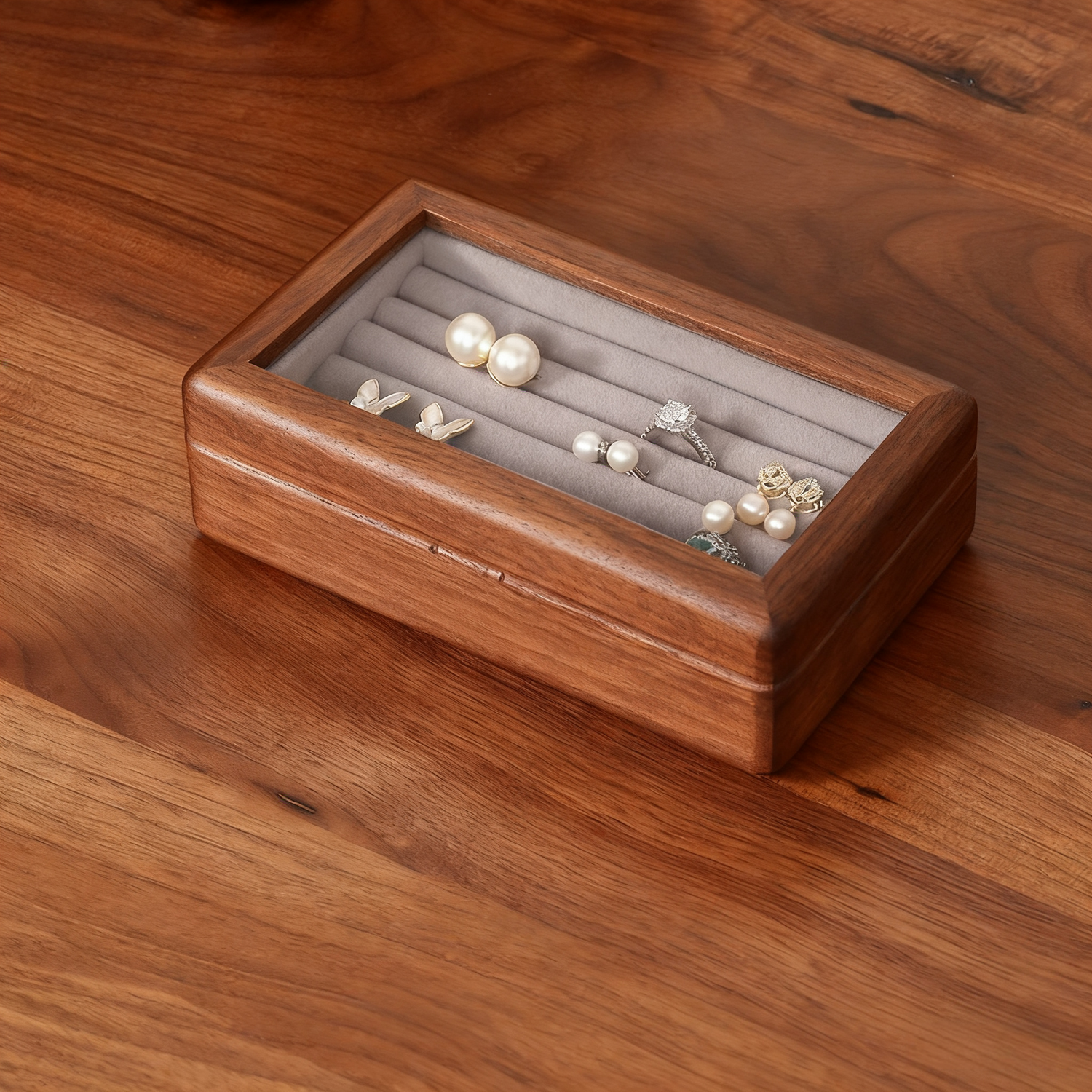 Keeply Walnut Jewelry Box with Glass Top
