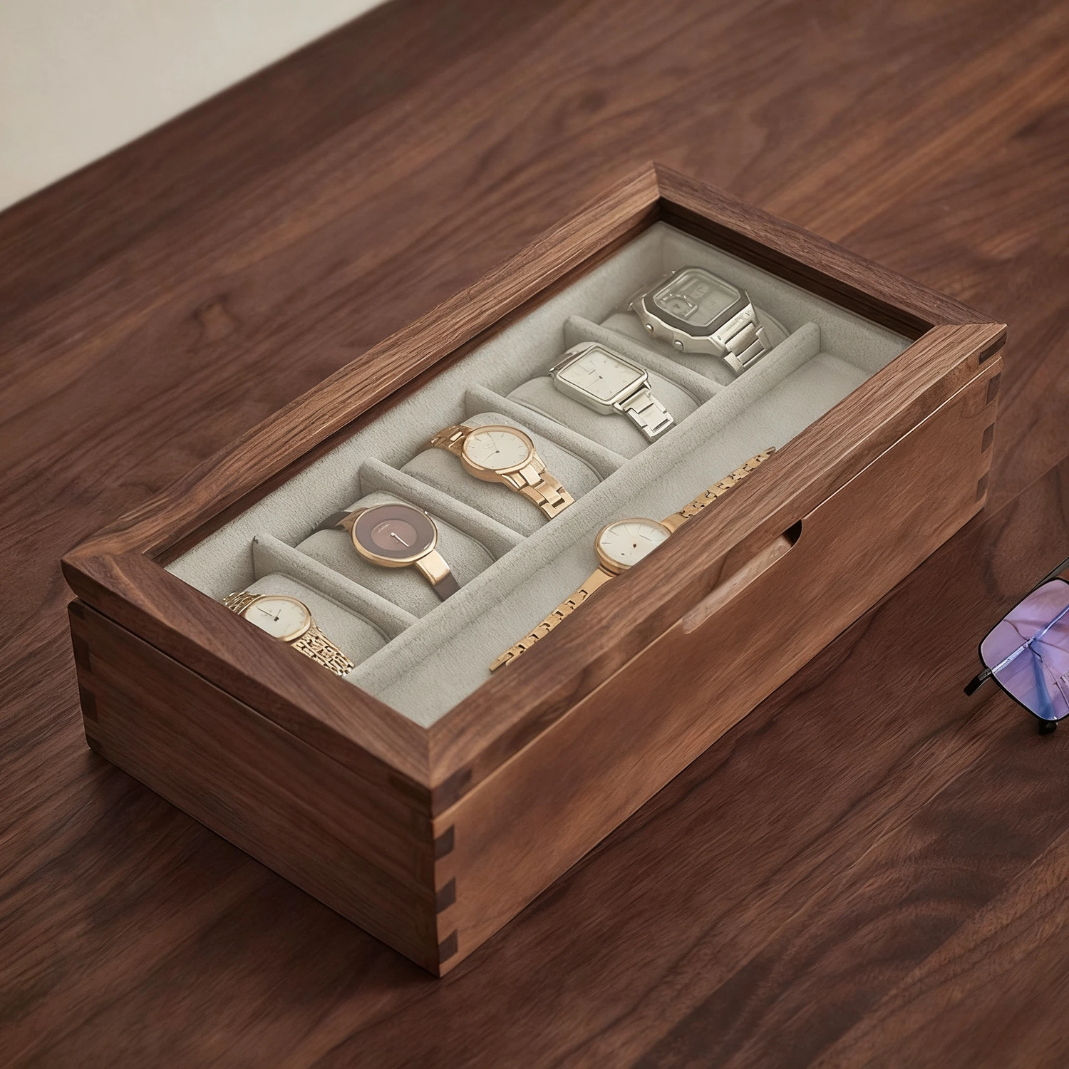 Timeless Minimalist Walnut Watch Collection Box with Glass Top