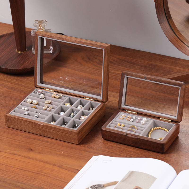 Keeply Walnut Jewelry Box with Glass Top