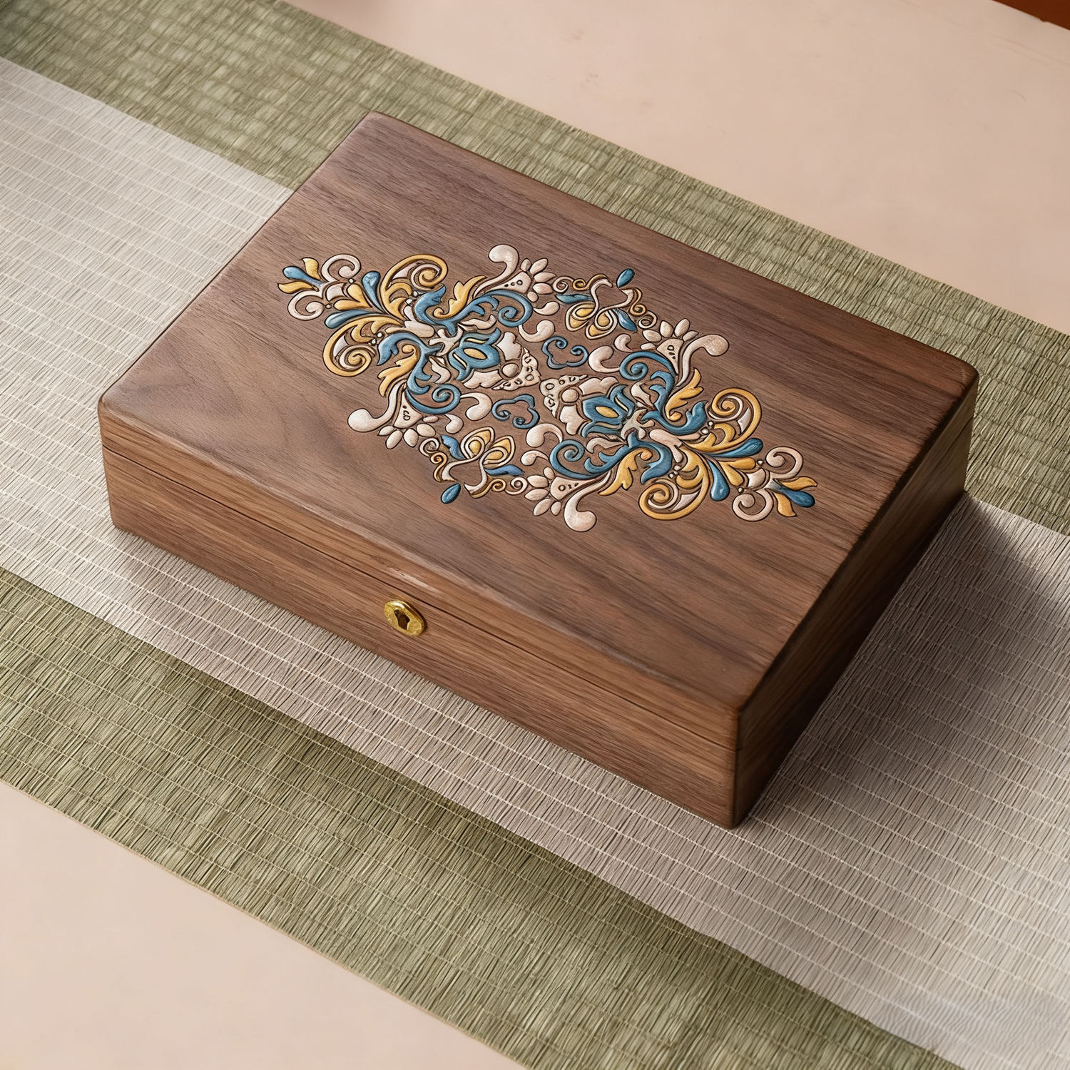 Artistic Painted Lockable Walnut Jewelry Box