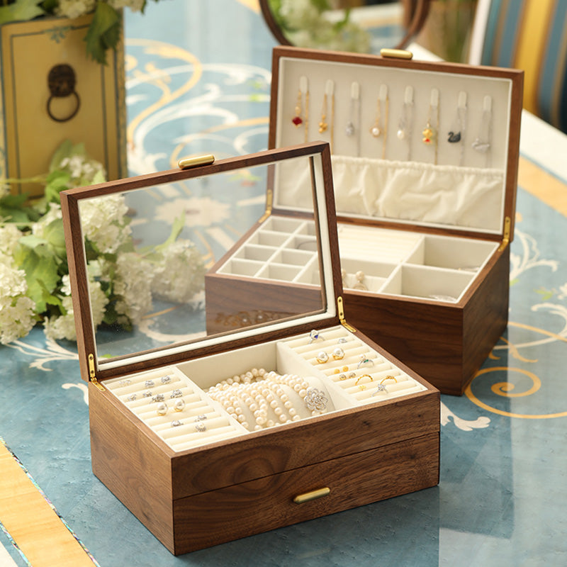 Classic Two-Layer Walnut Jewelry Box with Drawers