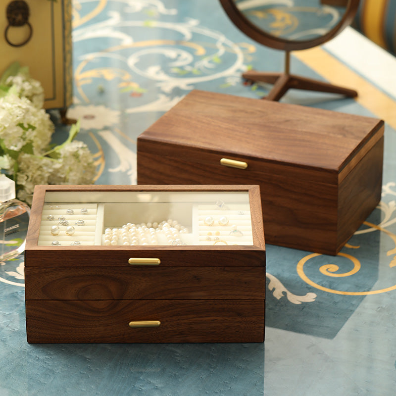 Classic Two-Layer Walnut Jewelry Box with Drawers