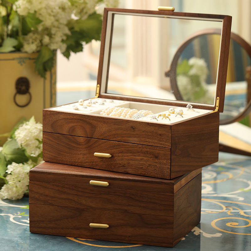 Classic Two-Layer Walnut Jewelry Box with Drawers