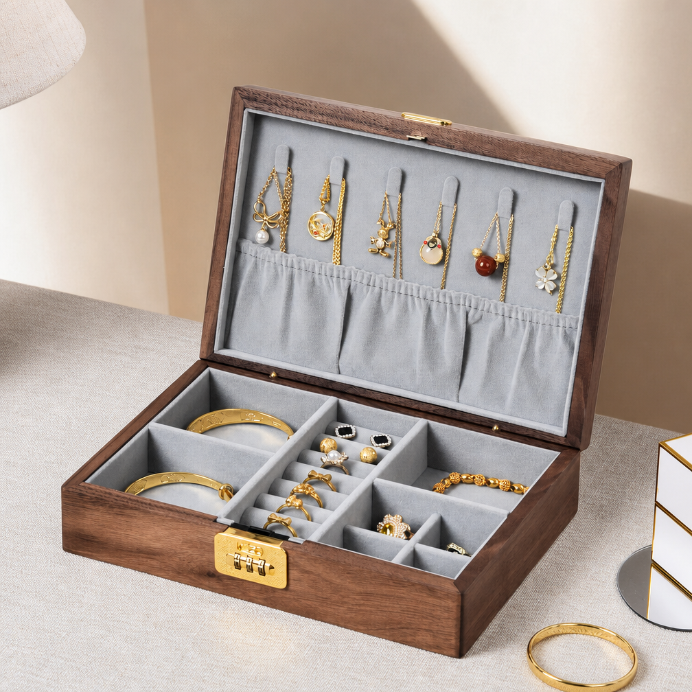 Boîte à bijoux en noyer avec serrure à combinaison Cipher