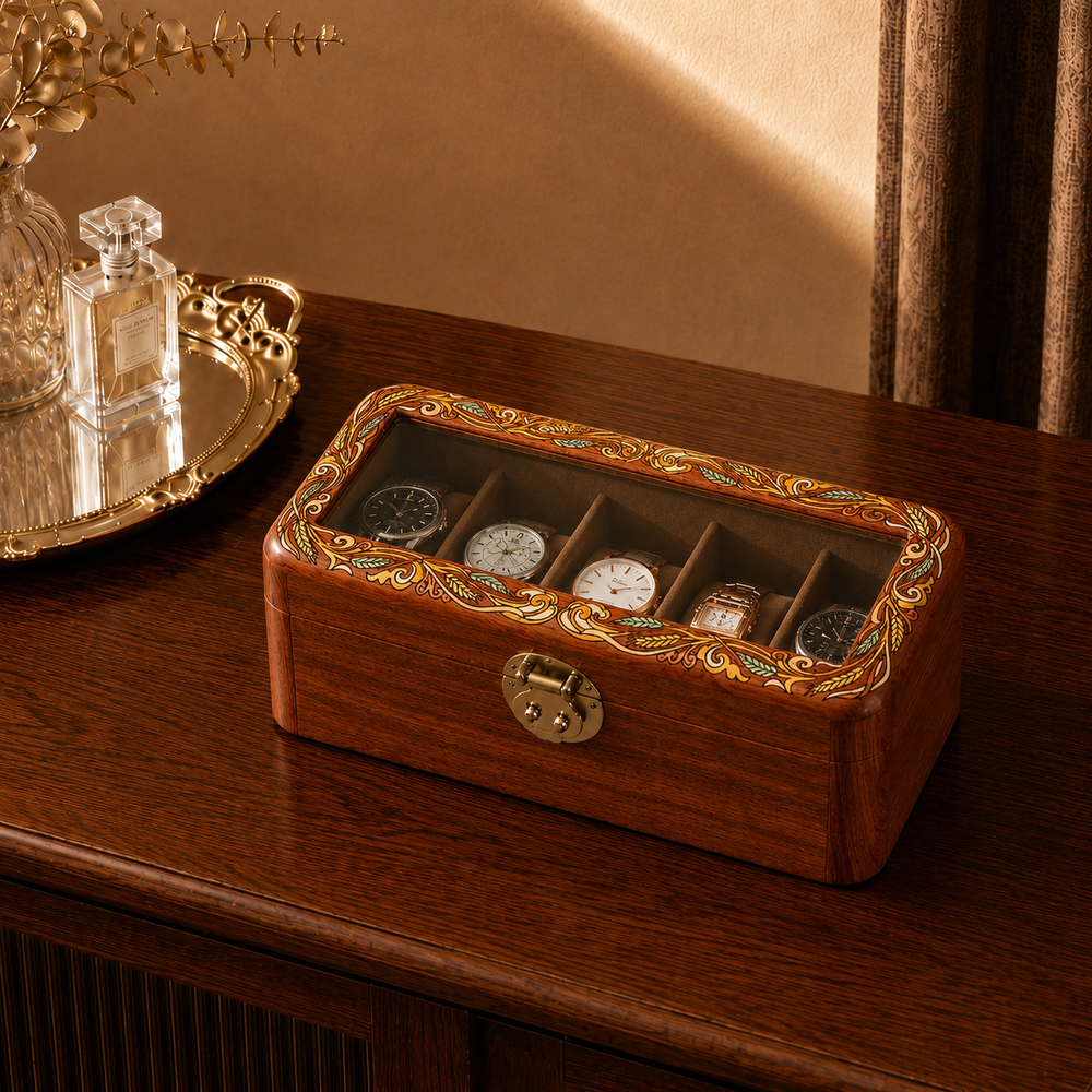 Aurea handbemalte Uhrenbox aus Holz mit Glasdeckel