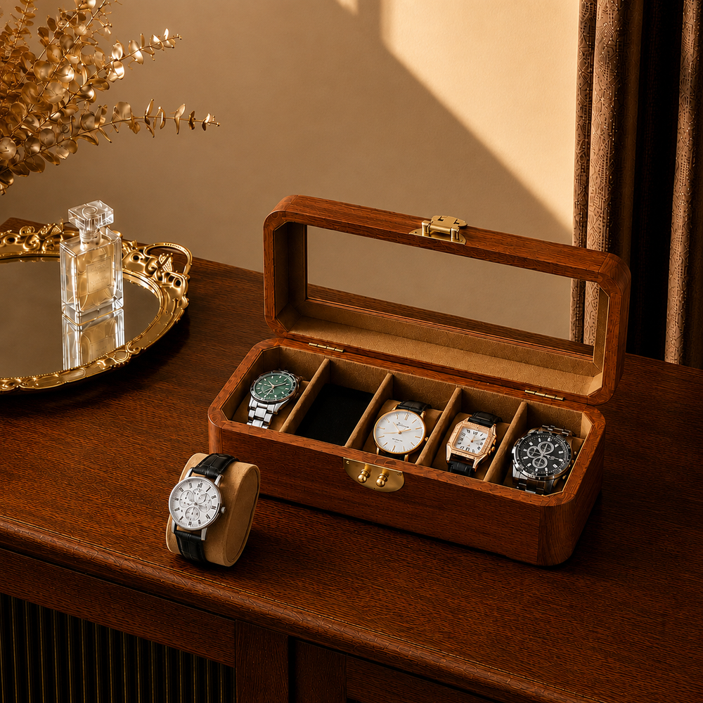 Aurea handbemalte Uhrenbox aus Holz mit Glasdeckel
