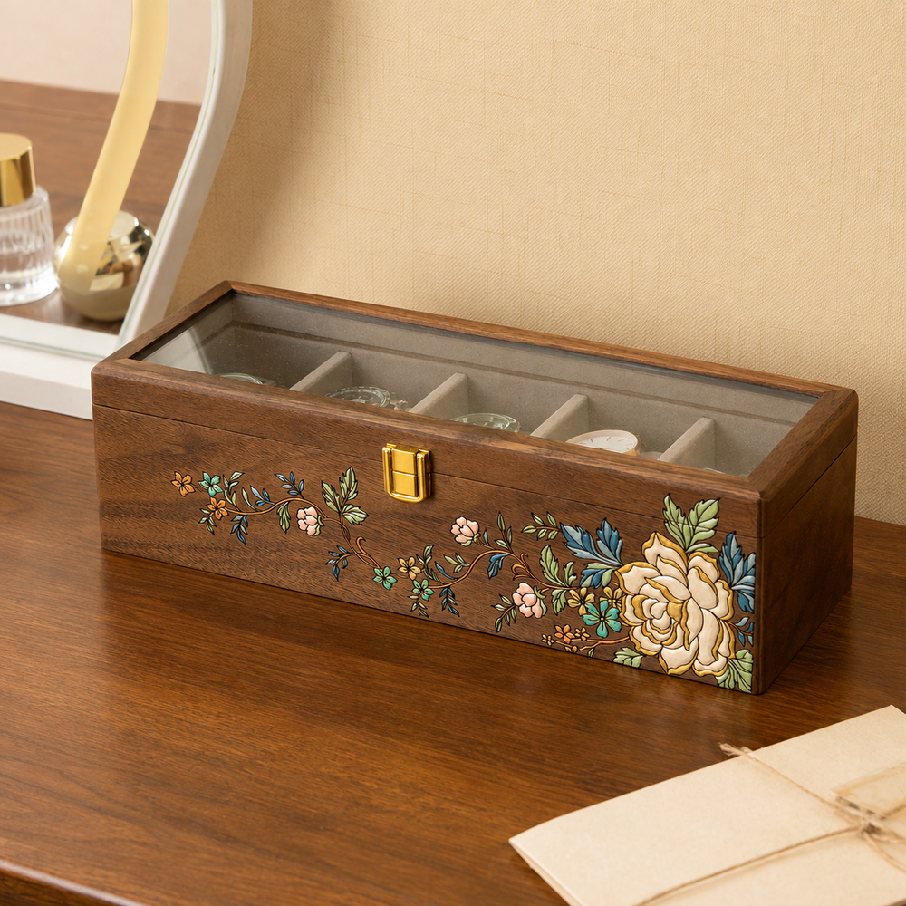 Regent handbemalte Uhrenbox aus Walnussholz mit Glasdeckel