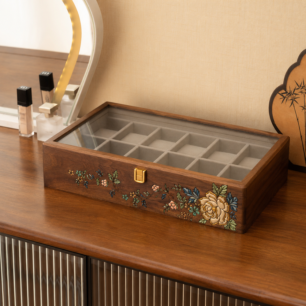 Regent handbemalte Uhrenbox aus Walnussholz mit Glasdeckel