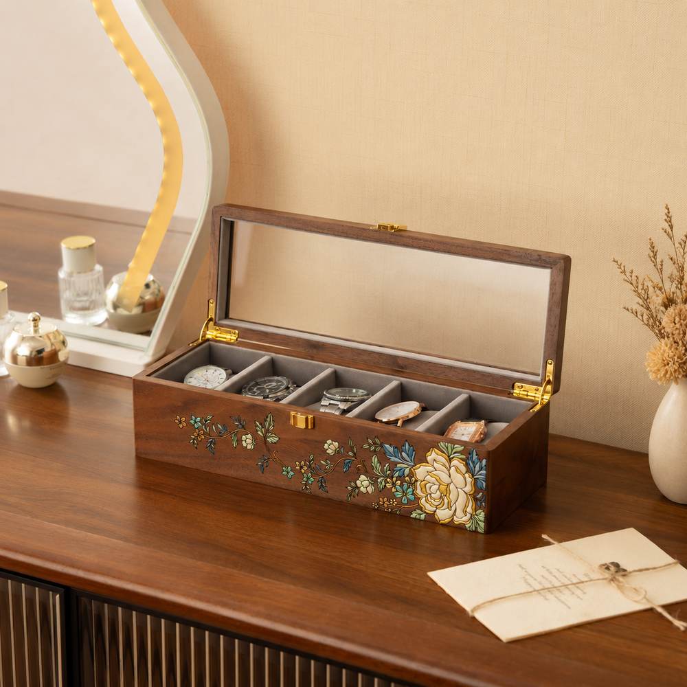 Regent handbemalte Uhrenbox aus Walnussholz mit Glasdeckel