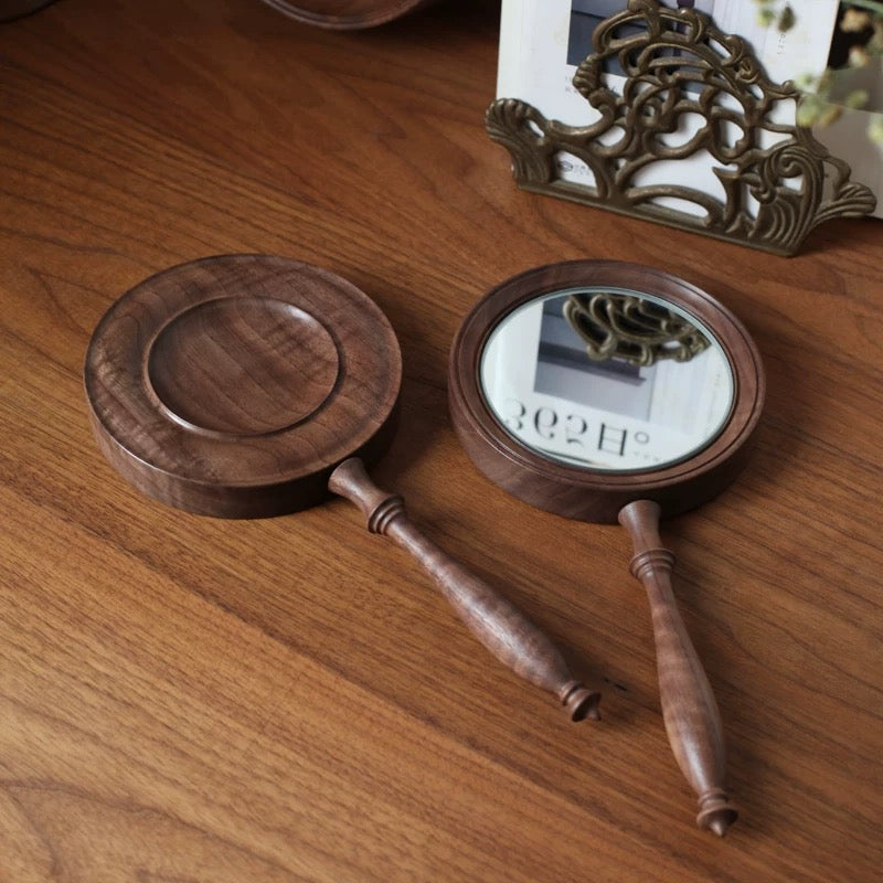 Vintage Black Walnut Handheld Mirror