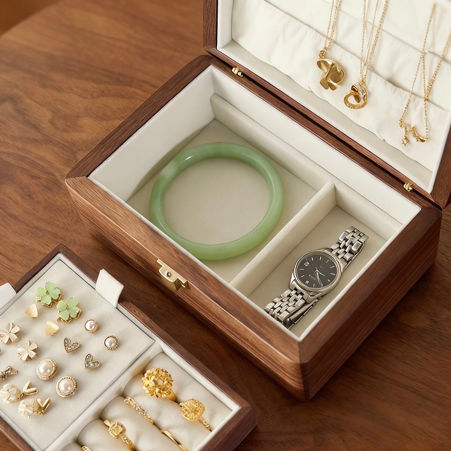 Velvet Walnut Minimalist Two-Layer Jewelry Box