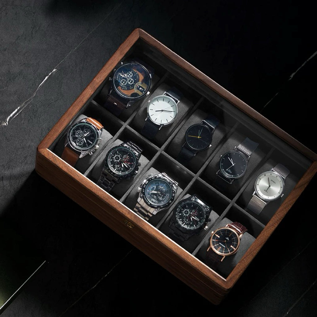 Premium Solid Wooden Watch Collection Box With Glass Top | Walnut Addicted
