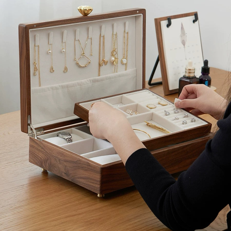 Aurelin handcrafted walnut jewelry box with dual layers