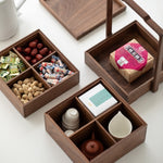 Black Walnut multi-layer tea organizer filled with teaware