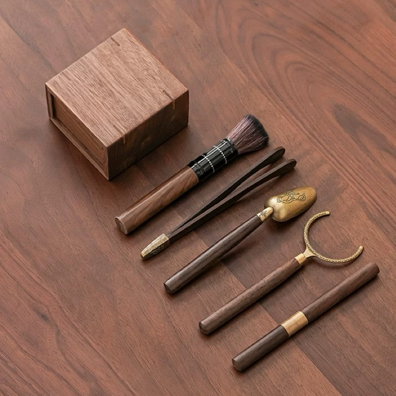 Compact six-piece walnut tea brewing tool set