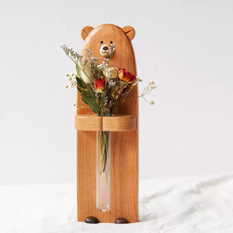 Cute bear solid wood vase with magnetic base