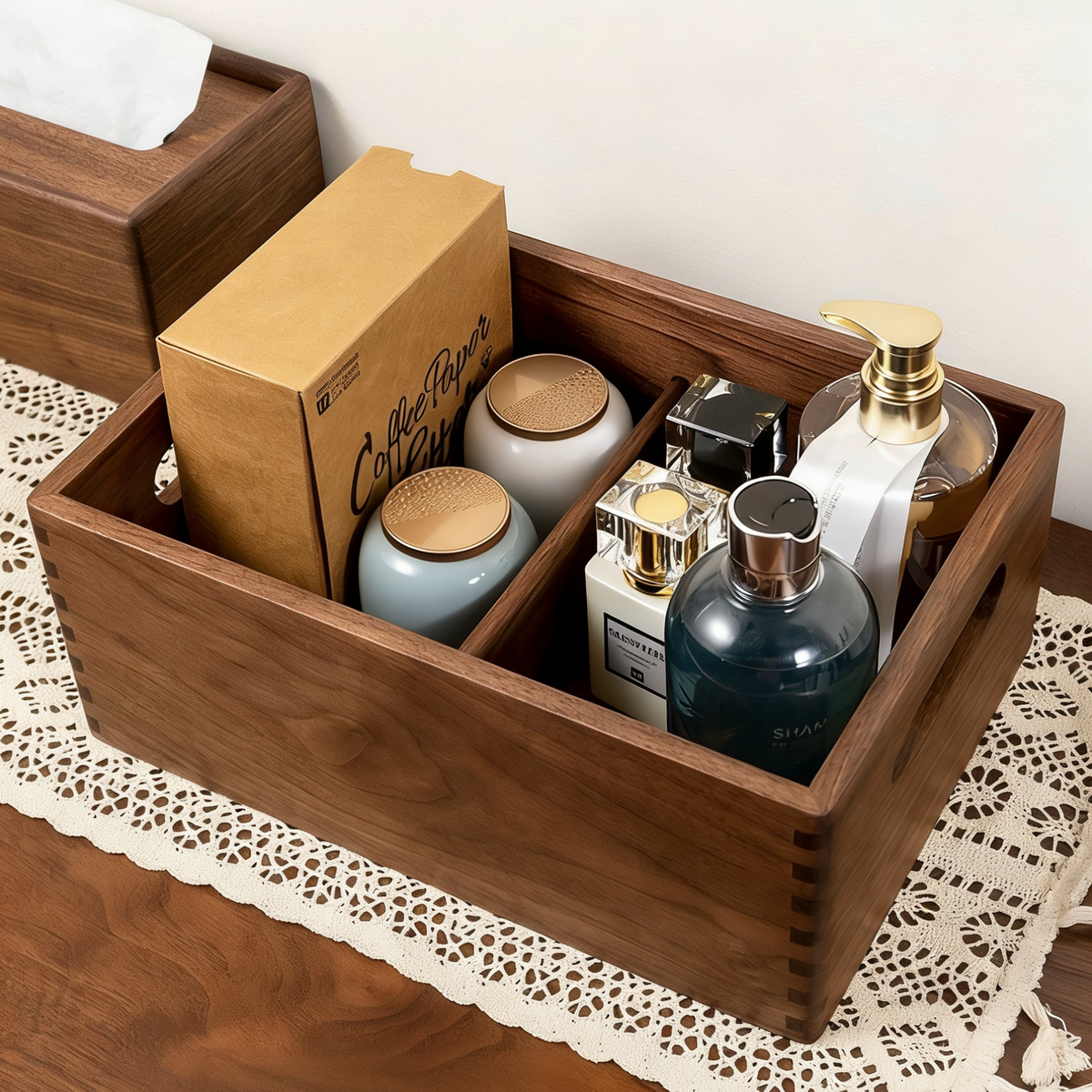 Wooden storage box with decorative items on a lace tablecloth