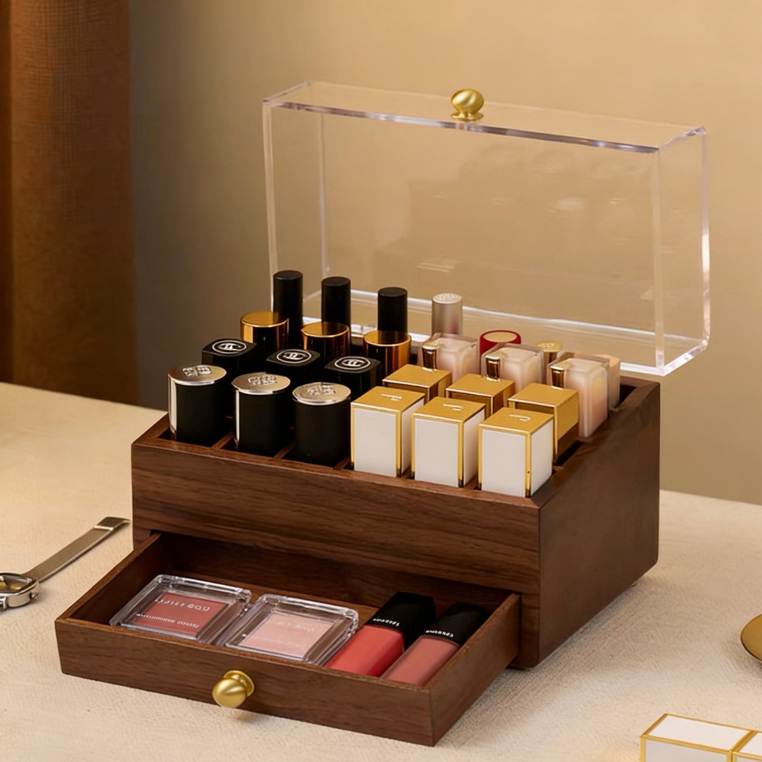 Vanity Solid Walnut Lipsticks Organizer Box