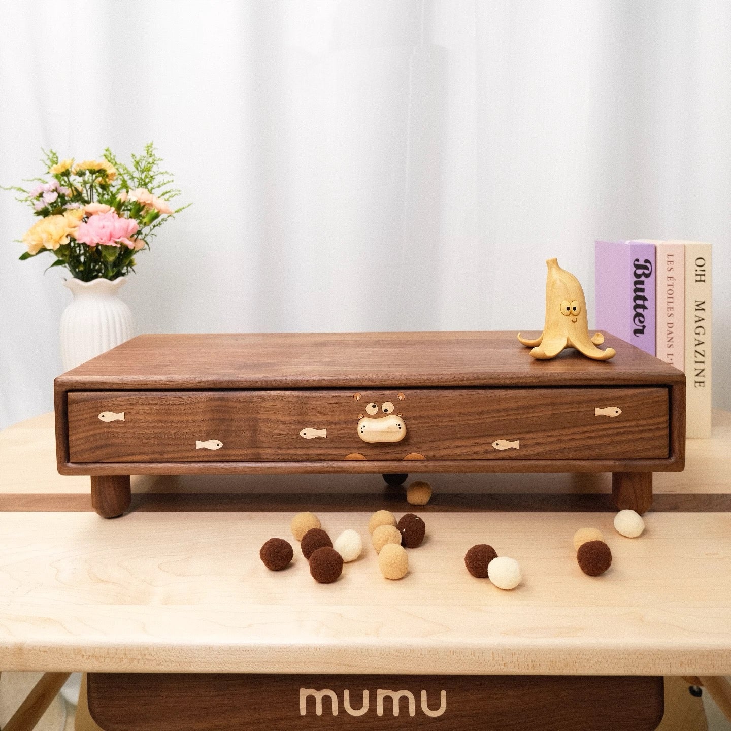 Hippo Solid Wood Monitor Stand With Drawer Cabinet