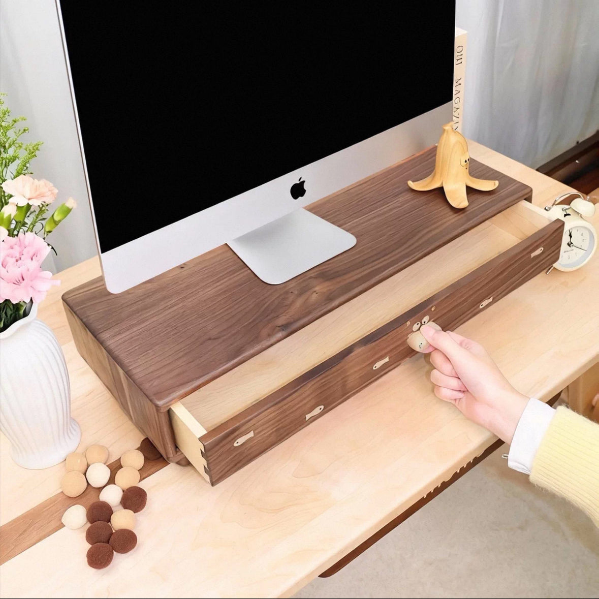 Hippo Solid Wood Monitor Stand With Drawer Cabinet