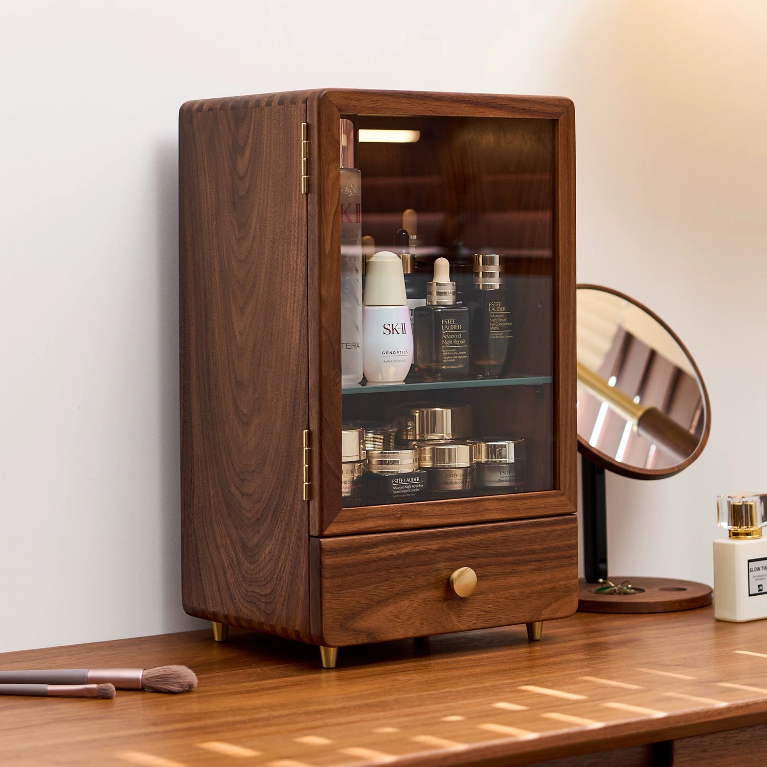 Glam Solid Walnut Makeup Storage Cabinet Organizer