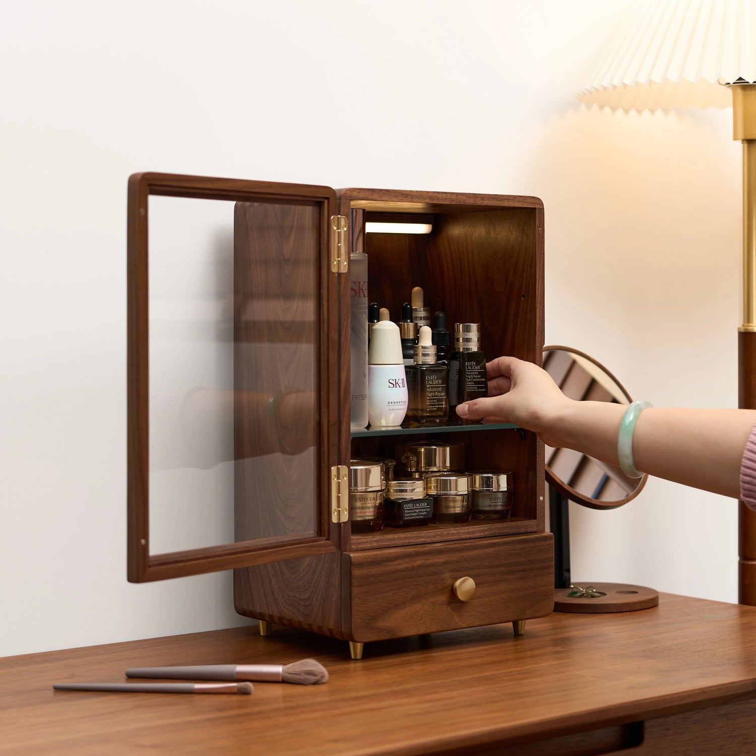 Glam Solid Walnut Makeup Storage Cabinet Organizer