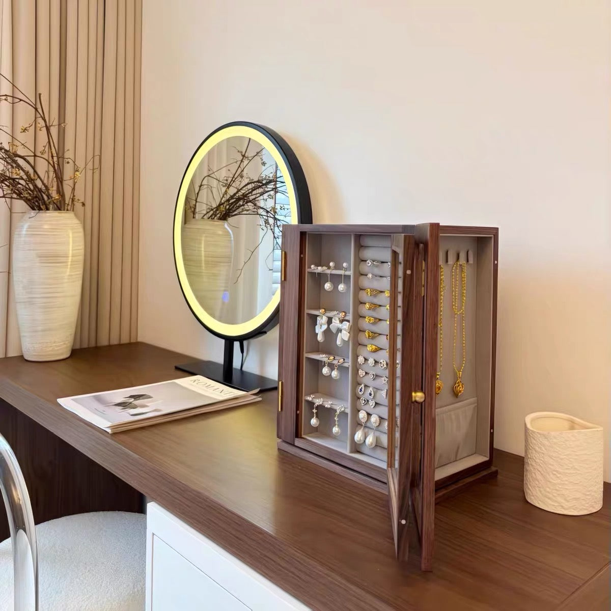 Jewelix Solid Walnut 360° Rotating Jewelry Organizer Cabinet