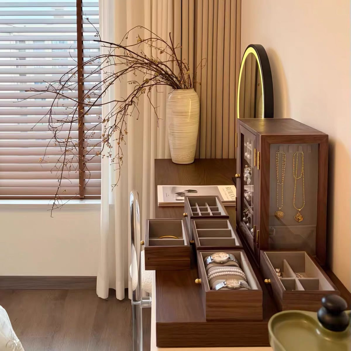 Jewelix Solid Walnut 360° Rotating Jewelry Organizer Cabinet