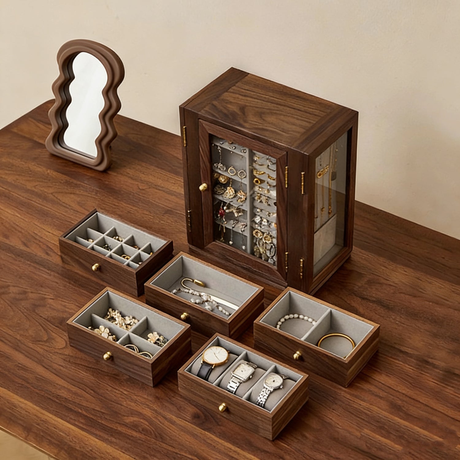 Jewelix Solid Walnut 360° Rotating Jewelry Organizer Cabinet