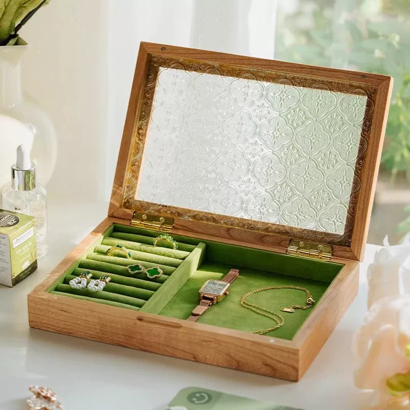 Elowen Solid Wood Jewelry Box with Textured Glass Lid