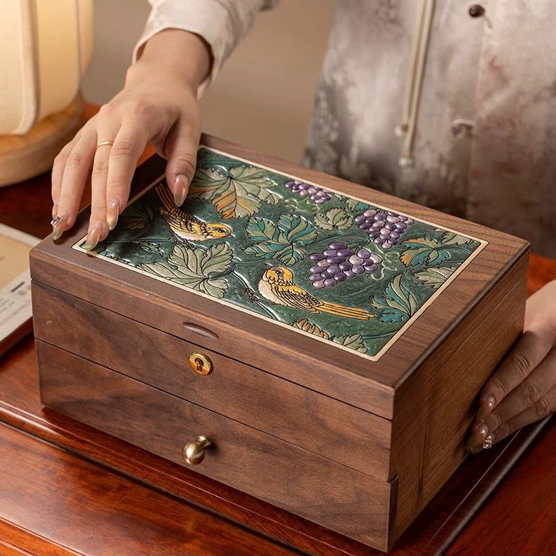 Vinebird Solid Wood Jewelry Box with Dual Drawers