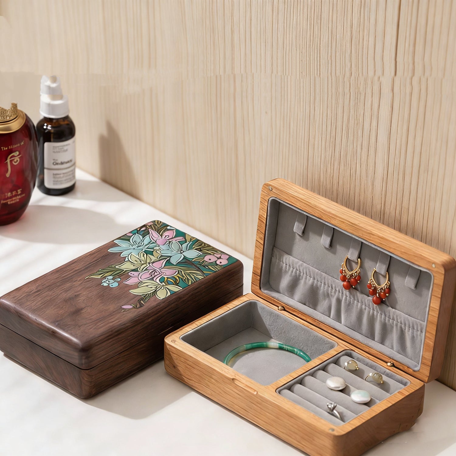 Floravia Solid Wood Floral Inlay Jewelry Box