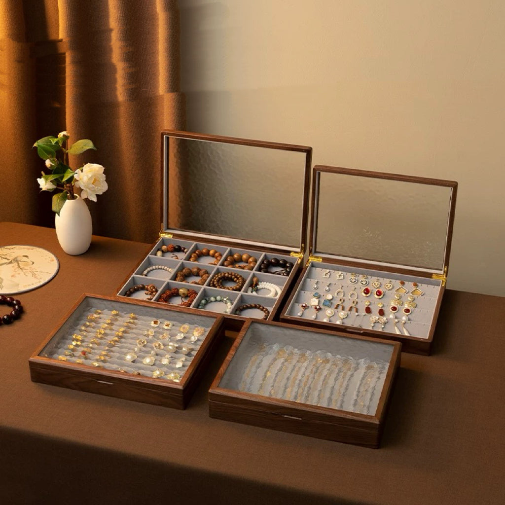 Gemripple Walnut Jewelry Box with Textured Glass Lid