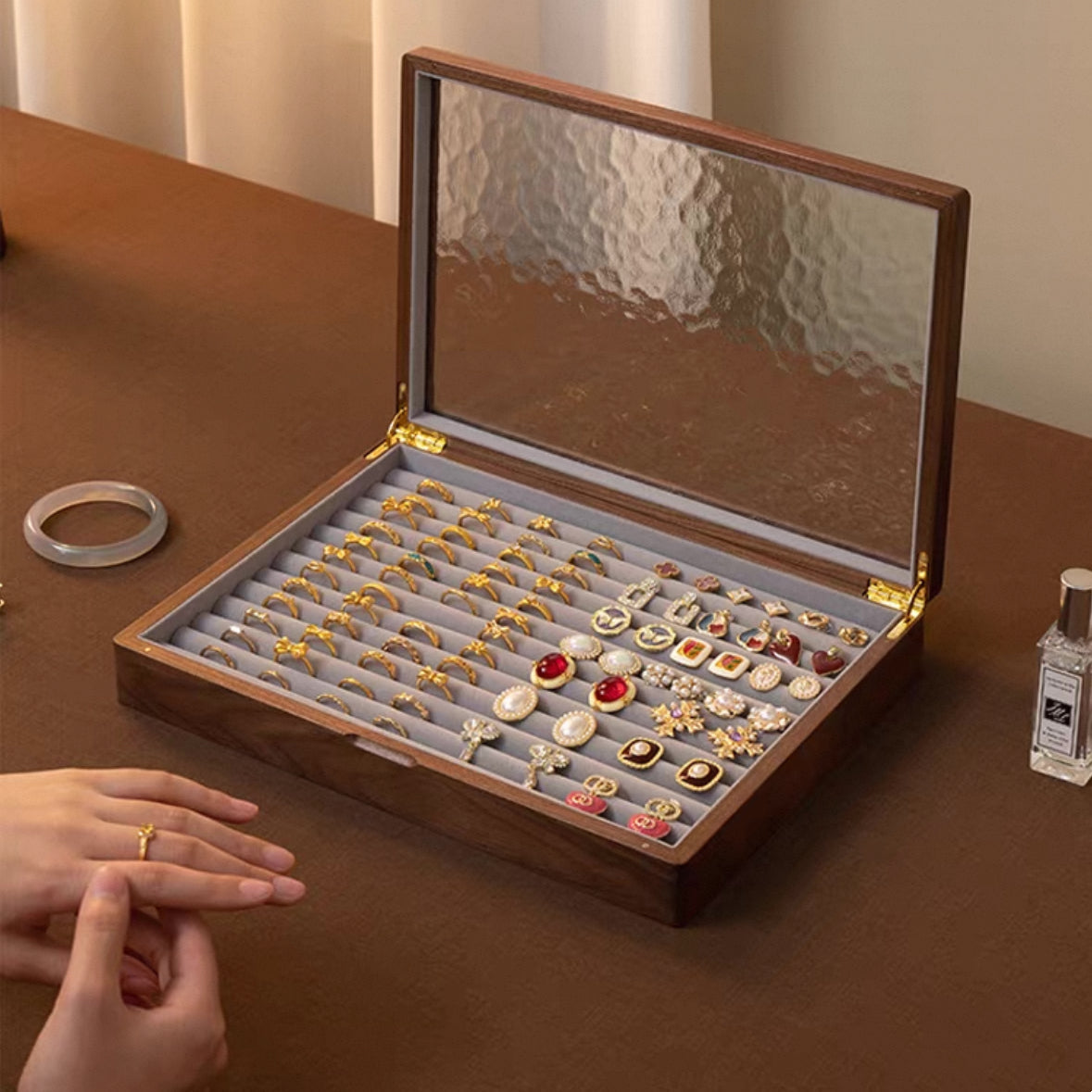 Gemripple Walnut Jewelry Box with Textured Glass Lid