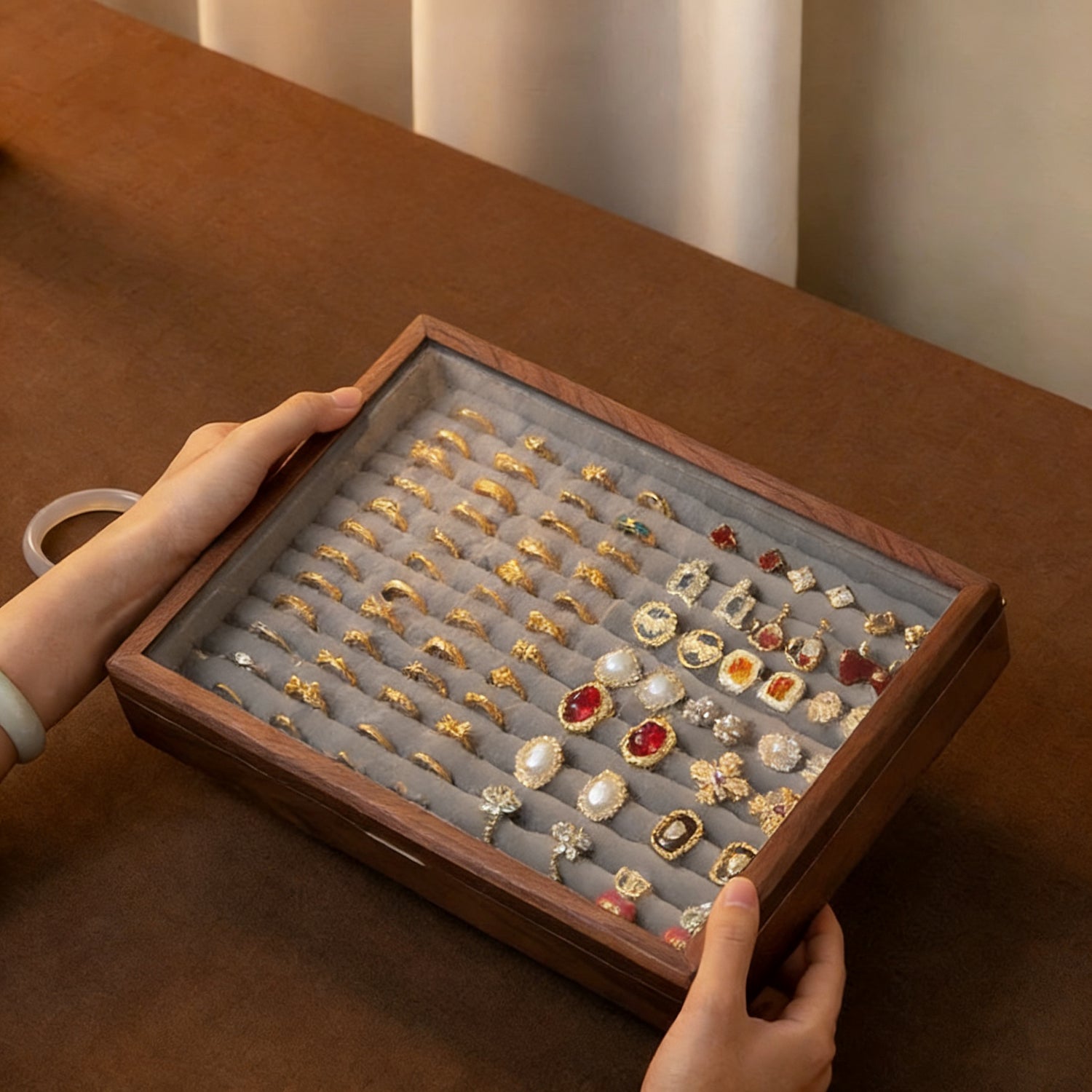 Gemripple Walnut Jewelry Box with Textured Glass Lid