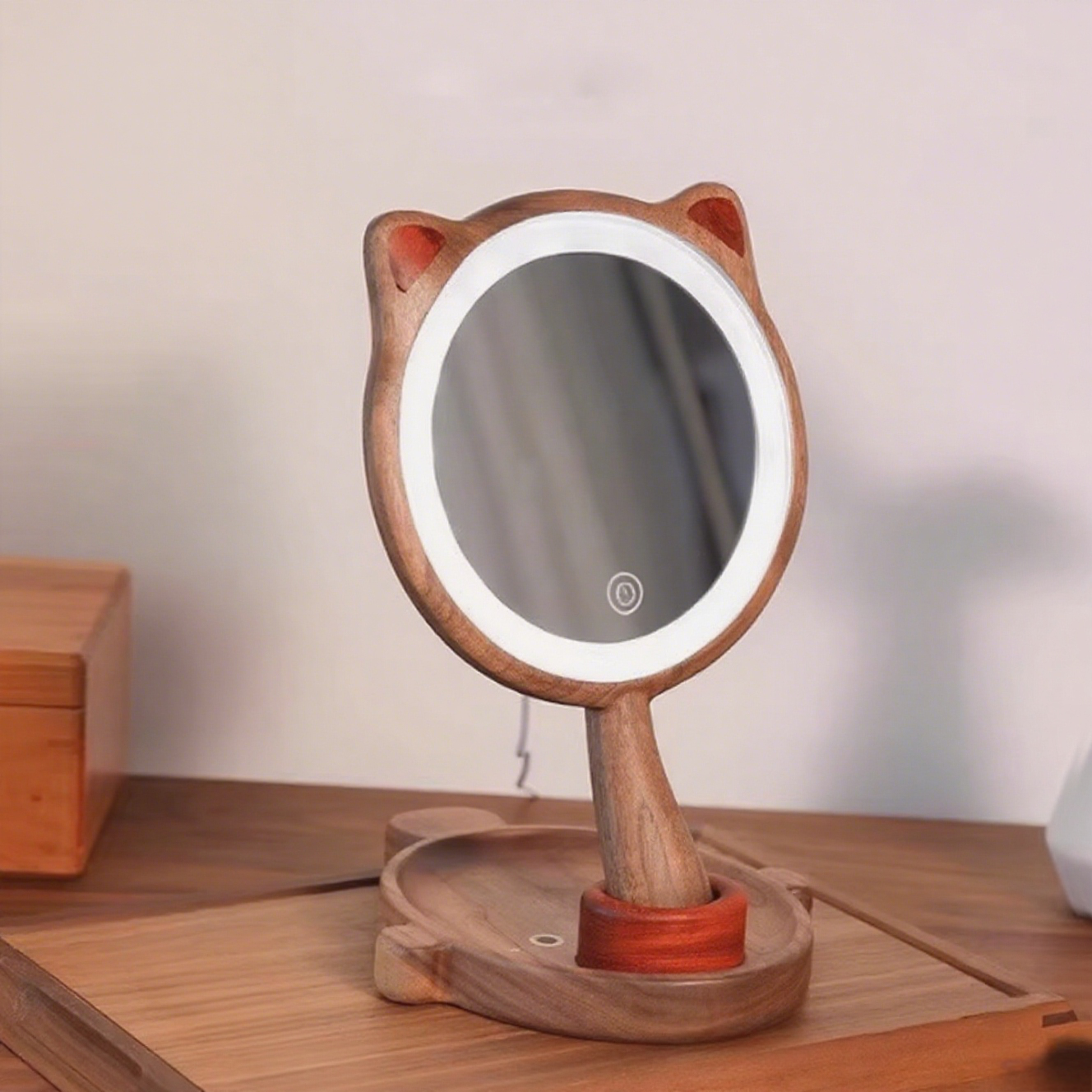Kitty Shaped Walnut LED Makeup Mirror