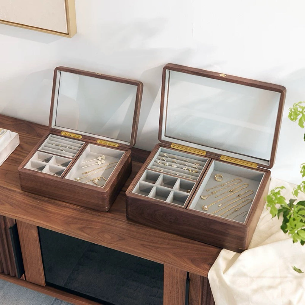 Lucent solid walnut glass-top jewelry box
