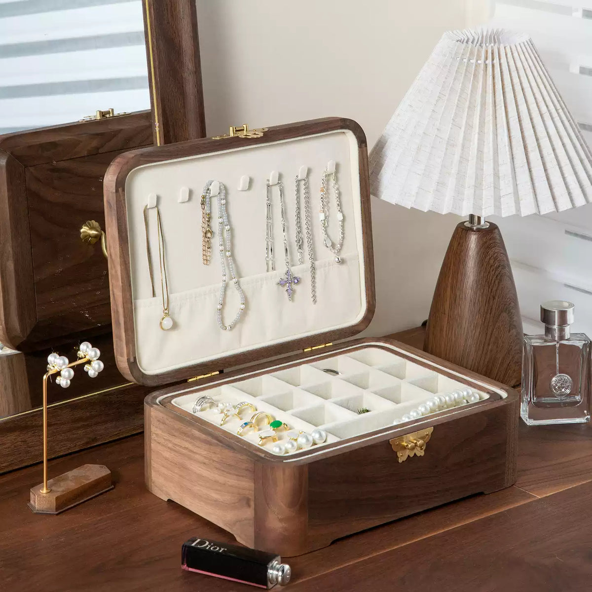 Lunaria Retro Black Walnut Jewelry Box on dresser