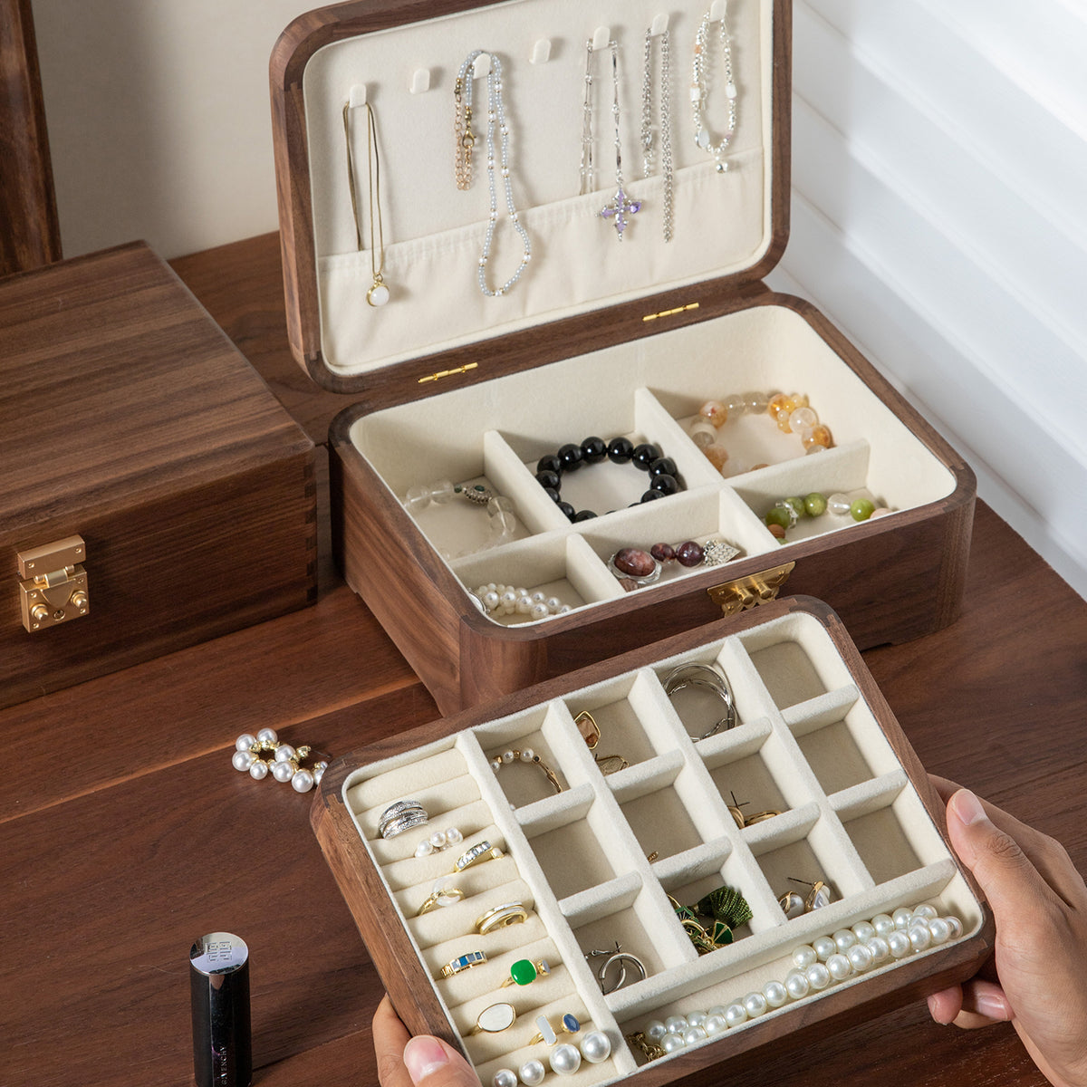 Lunaria Retro Black Walnut Jewelry Box with necklaces displayed