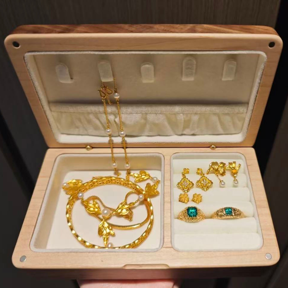 Open Choco Black Walnut Jewelry Box with rings inside