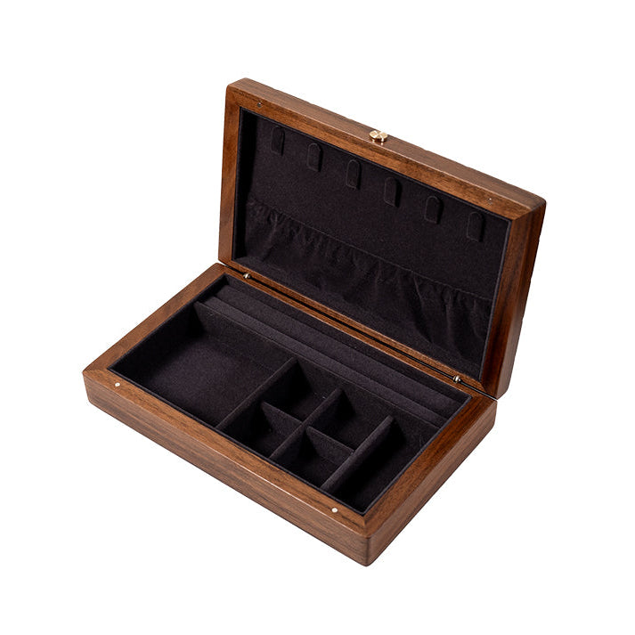 Premium Lunara Chocolate Black Walnut Jewelry Box on marble surface