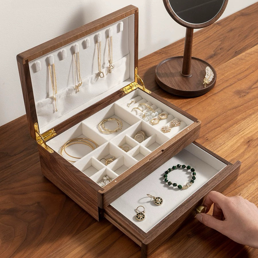 Premium Solid Walnut Two-Tier Jewelry Box | Walnut Addicted