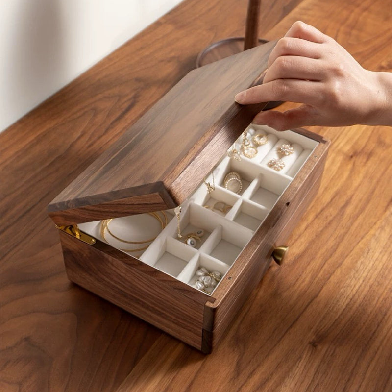 Serenna dual-level walnut jewelry storage box