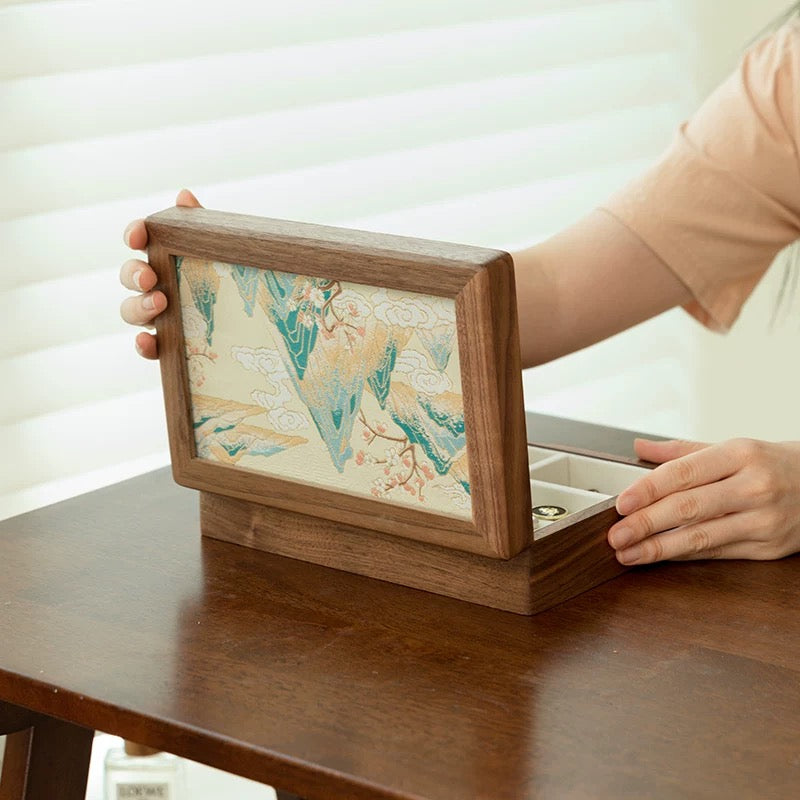 Solara Black Walnut Embroidered Jewelry Box on dresser