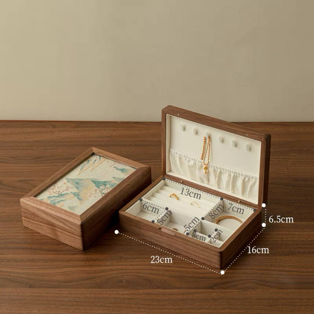 Solara Embroidered Jewelry Box with polished walnut finish