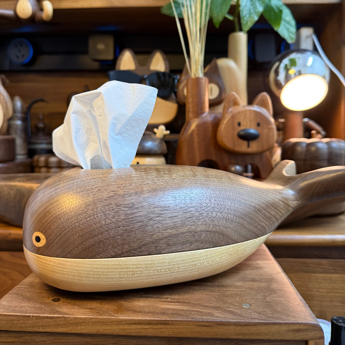 Solid Wood Tissue Box with Cute Whale Pattern