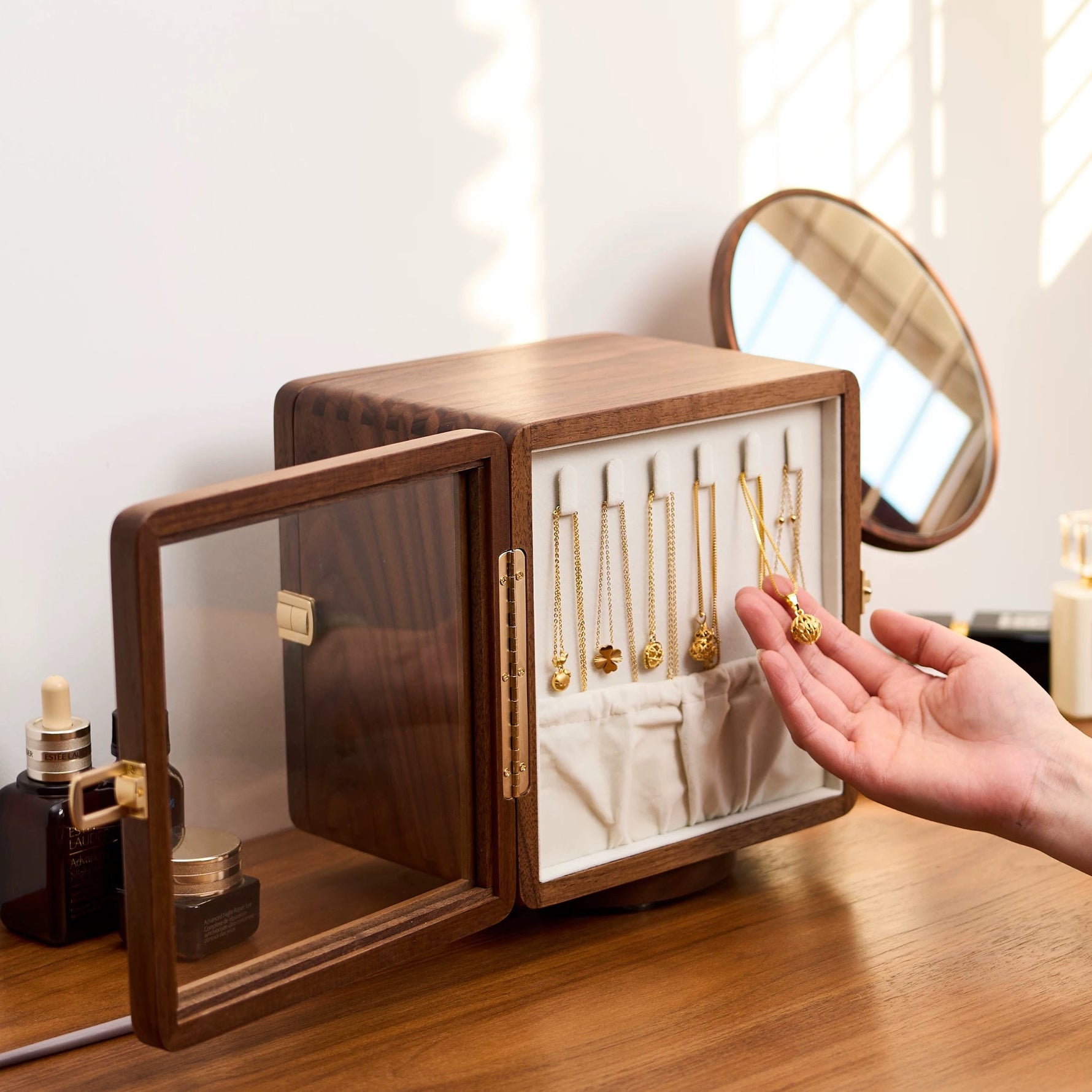 Solid black walnut rotating jewelry box with two sides