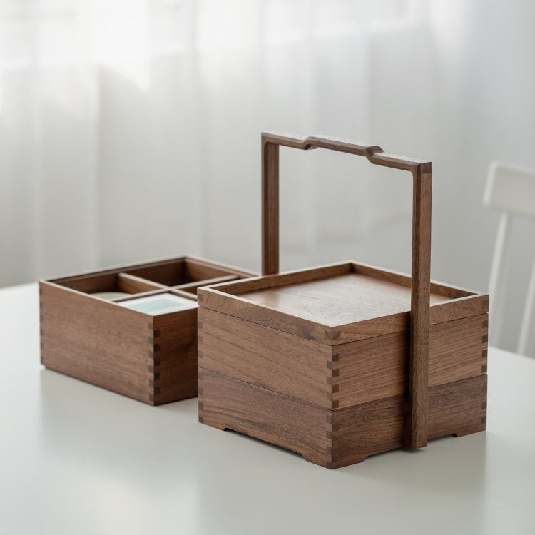 Solid walnut tea storage box showing multiple stacked layers